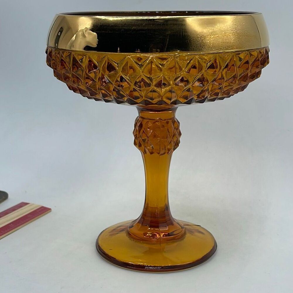 Vintage Indiana glass amber compote bowl diamond pattern pedestal